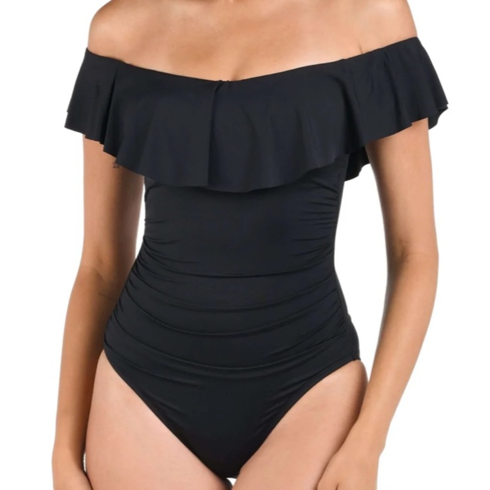 La Blanca Island Goddess Off Shoulder Ruffle One Piece Swimsuit Black SZ 12 NWT